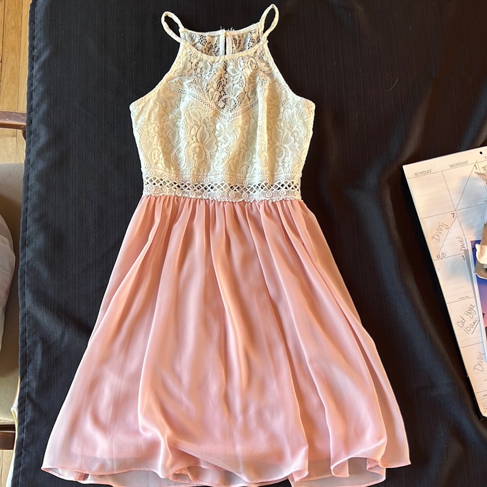 Pink and white lace halter mini dress